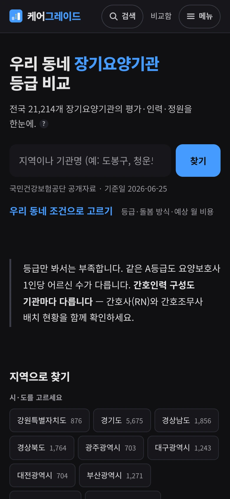 케어그레이드 모바일 첫 화면